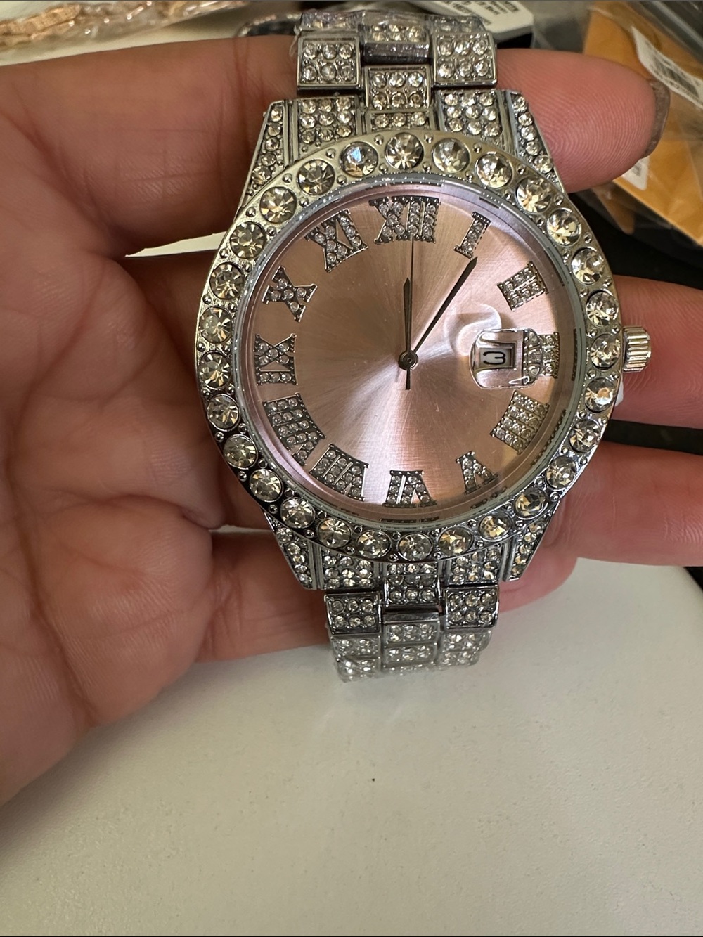 Crystal Accented Silver Watch with Pink Dial